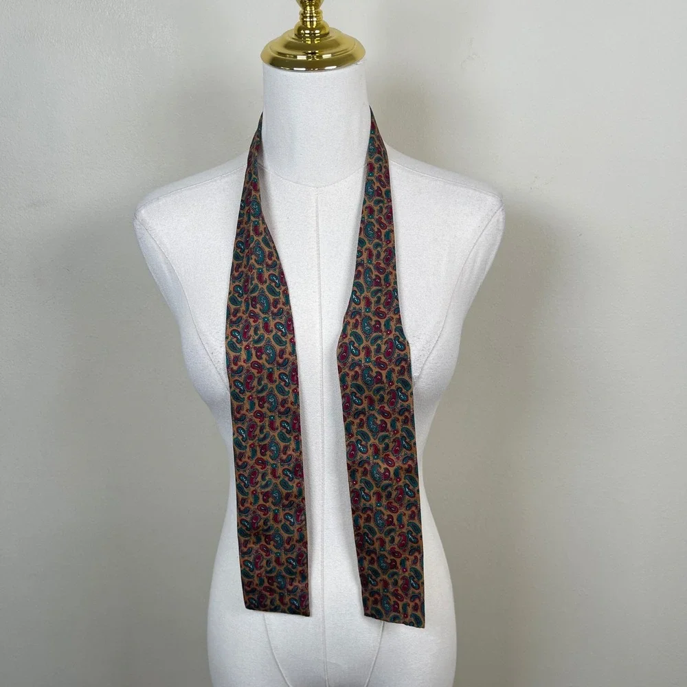 Vintage Paisley Necktie Skinny Scarf Hair Purse Women Brown Boho 70s Retro‎